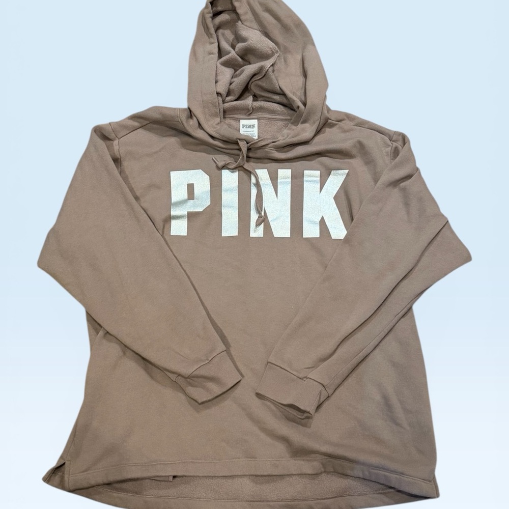 PINK Victoria's Secret Taupe Logo Hoodie with White Lettering